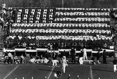 Members of SIU ROTC in the 1950s create the American Flag in football stadium